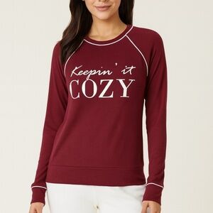 NWT P.J. Salvage Ski Club Cozy Pajama Top Burgundy White Trim - SIZE XSMALL